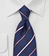 Navy, Silver, Black, Pink Checkered Tie